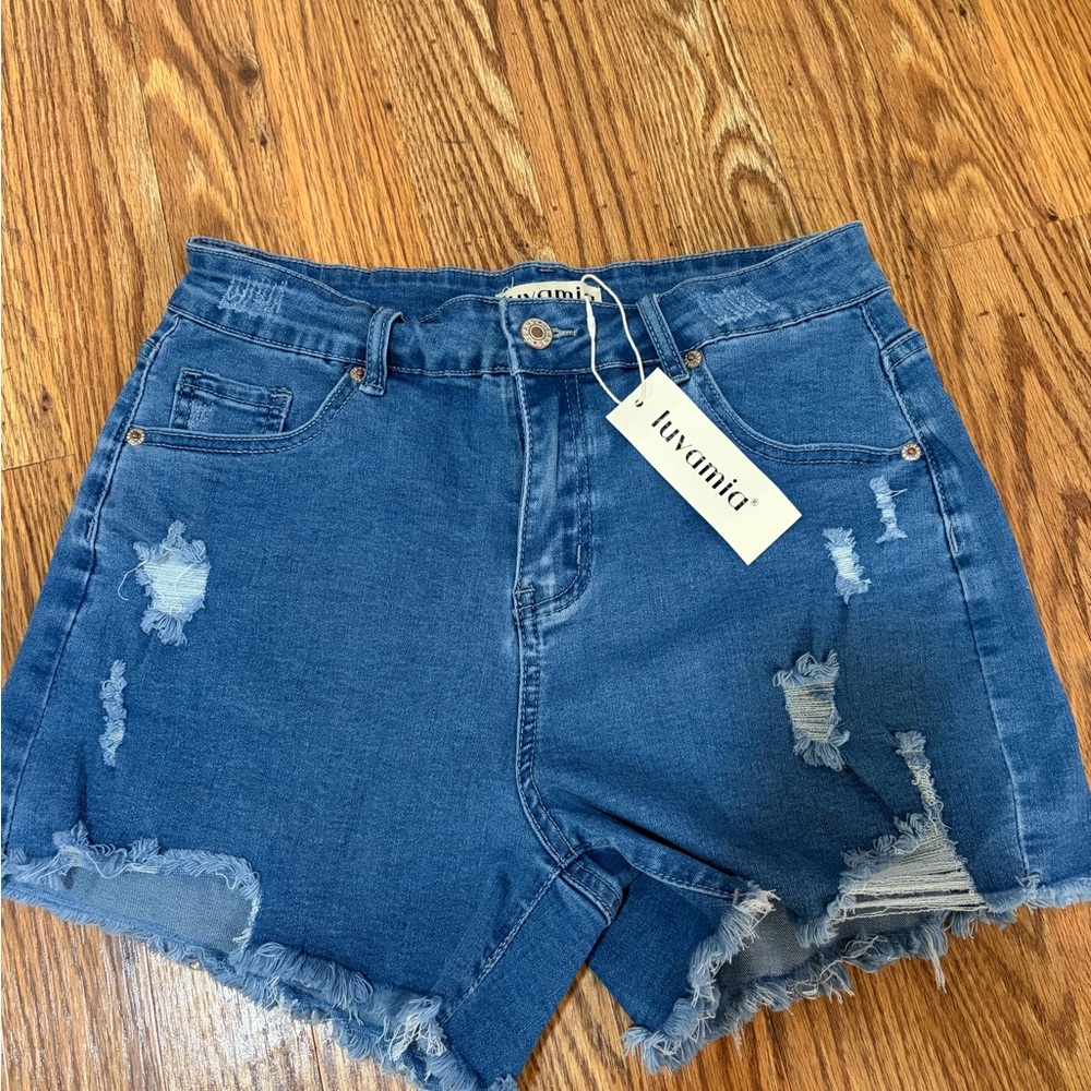 Luvamia Blue Distressed High-Rise Denim Shorts